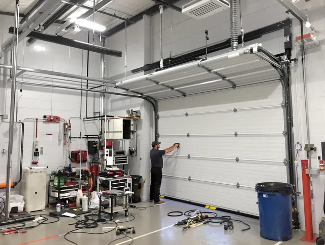 Bedford Garage Door Repair certified technician performing commercial door repair at a Bedford business facility