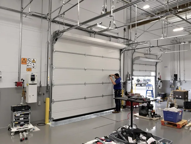 Commercial garage door repair being performed by Bedford Garage Door Repair expert in Bedford
